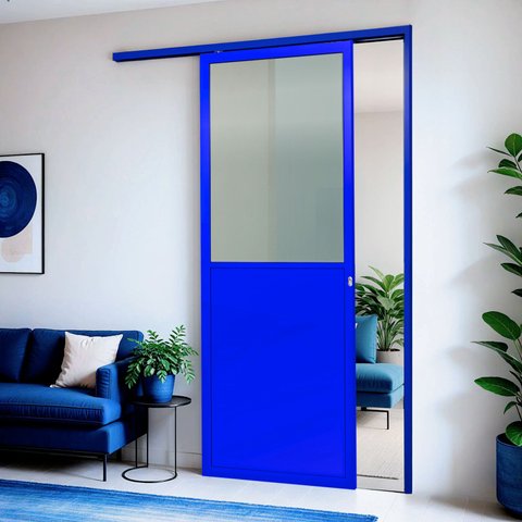 Porta de Correr Suspensa Meia Lambril Meia Vidro Esq L.25 Azul 210x100 Brimak