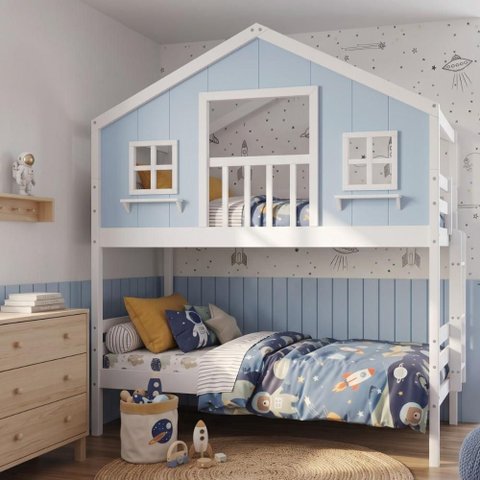 Beliche Casinha Dos Sonhos com Varanda Madeira Maciça Branco|Azul Housin