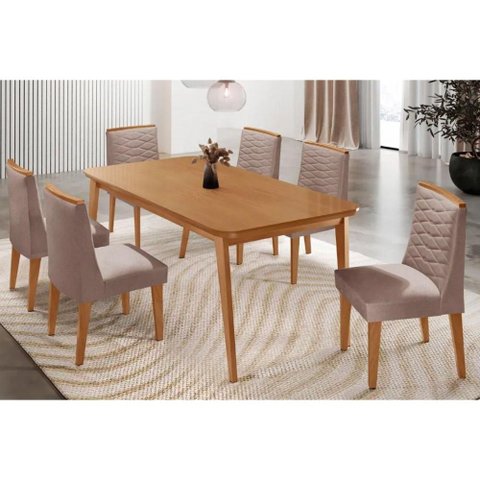 Conjunto: Mesa Sala Jantar Havana Tampo Curvo 180cm+6 Cadeiras Maldivas Madeira Naturale - Capuccino