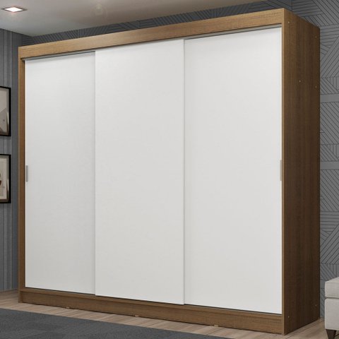 Guarda-Roupa Casal Madesa Kansas 3 Portas de Correr 3 Gavetas Rustic/Branco Cor:Rustic/Branco