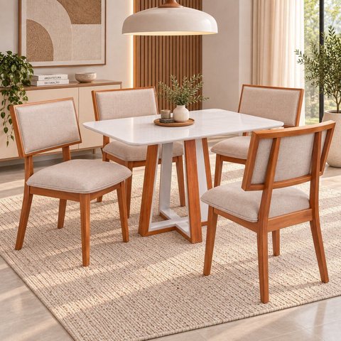 Conjunto Mesa Viena 4 Lugares com Tampo Off White e 4 Cadeiras em Madeira Maciça Estofadas Bréscia