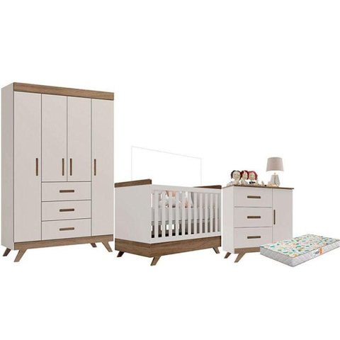 Quarto de Bebê Retrô Maya com Berço Americano Vitória Off White Carvalho com Colchão Gazin -
