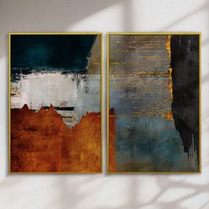Quadro Decorativo Abstrato Laranja e Preto Kit 2 Quadros