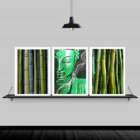 Kit 3 Quadros Feng Shui Buda Bambu 24x18cm:Madeira branca