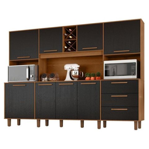 Armário para Cozinha Kit Apollo 8 Portas 3 Gavetas Cinamomo Preto Catedral Fosco - Zanzini