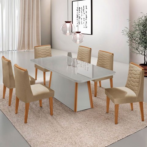 Mesa de Jantar Diane 180cm Tampo Mdf Vidro com 6 Cadeiras Eloise Moderna Mobília