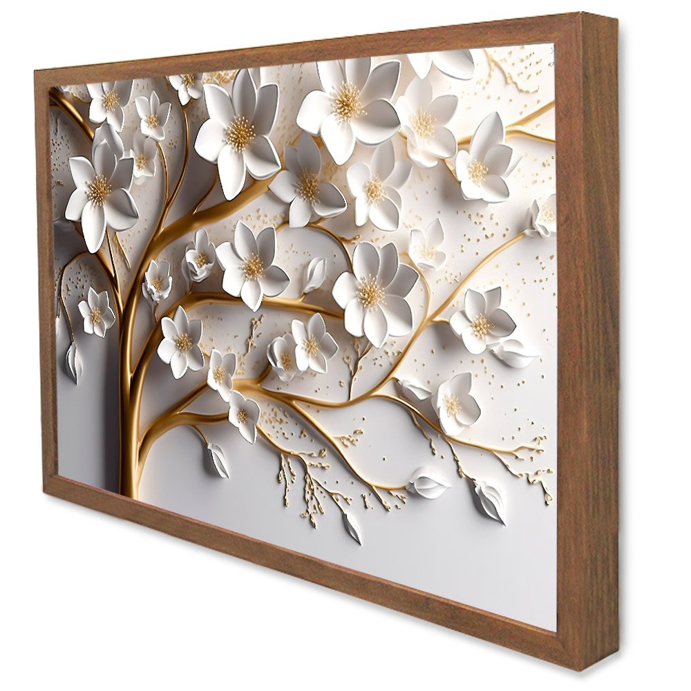 Quadro Decorativo Floral Luxo Cerejeira Branca em Moldura Caixa Tacolado Moldura Caixa 3cm Madeira C