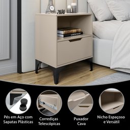 Mesa de Cabeceira Vegas 1 Gaveta com Nicho Base de Aço Design Moderno - Off White/pé Preto - 6