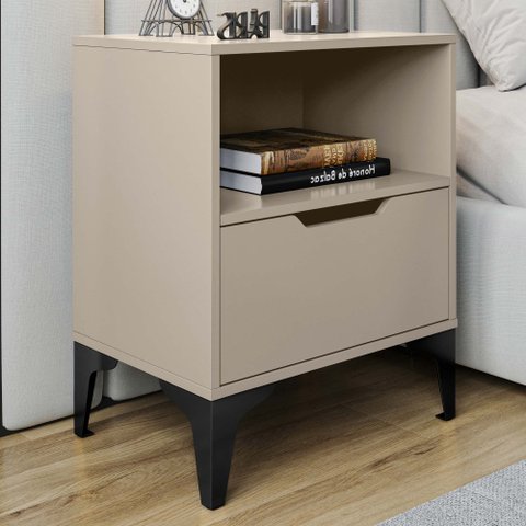 Mesa de Cabeceira Vegas 1 Gaveta com Nicho Base de Aço Design Moderno - Off White/pé Preto