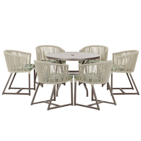 Mesa com 6 Cadeiras de Jantar Roma 120cm e Noronha em Alumínio Marrom Corda Náutica Estofado 5 Trama