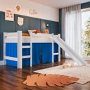 Ver imagem 2 de Cama Infantil Elevada com Escorregador Branco e Cortina Azul Completa Móveis