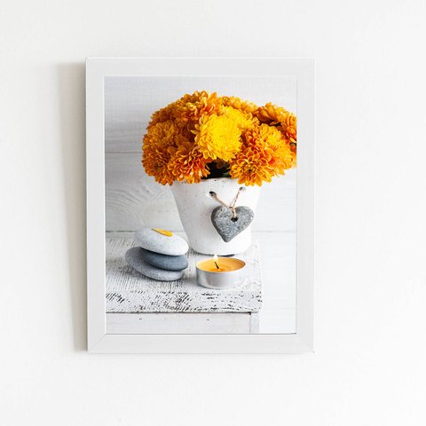 Quadro Crisântemo Laranja Vaso Flor Moldura Branca 60x40cm