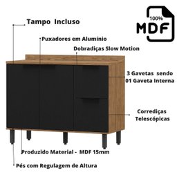 Balcão de Pia 120cm em MDF com Tampo Lombardia - cor Freijó Nero - 5 Balcão de Pia 120cm em MDF com Tampo Lombardia - cor Freijó Nero - 5