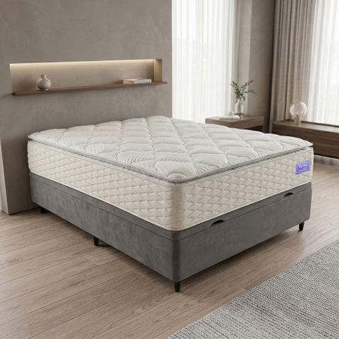 Cama Box Baú Casal Colchão Ortopédico Atena Molas Ensacadas Pillow Top Hip Sleep