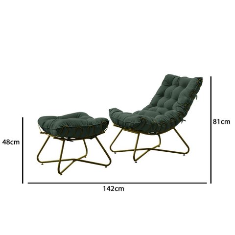 Poltrona Costela com Puff Eva Base Metal Dourado -veludo Verde
