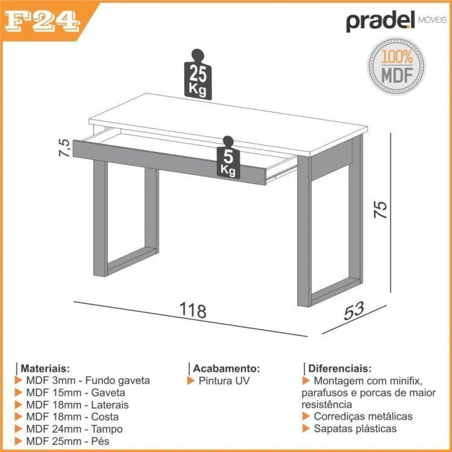 Kit 2 Peças 100% MDF com Escrivaninha e Estante com 5 Prateleiras - 5