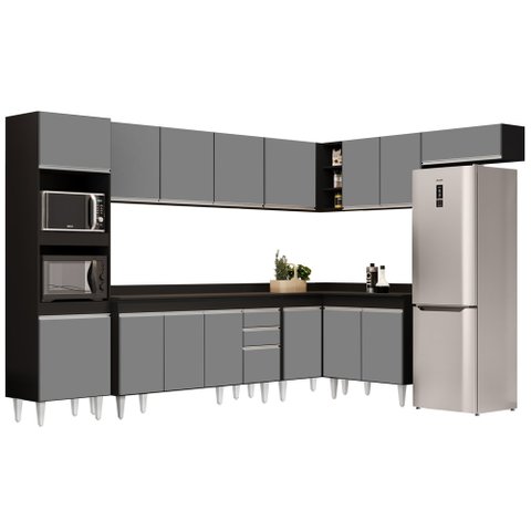 Armário de Cozinha Modulada de Canto 8 Peças CP08 Balcão com Tampo Preto/Cinza - Lumil Lumil Móveis