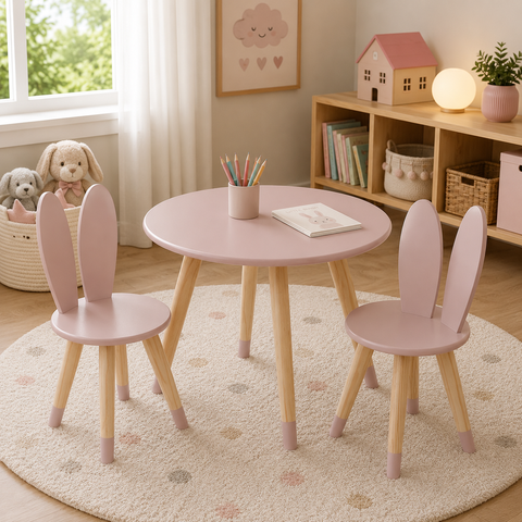 Conj Mesa 2 Cadeiras Coelho Infantil MDF15MM Pés Pinus:Rosê