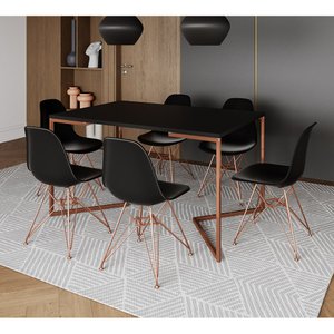 Mesa Jantar Industrial Retangular 137x90cm Preta Base V c/ 6 Cadeira Eames Eiffel Pretas Base Cobre