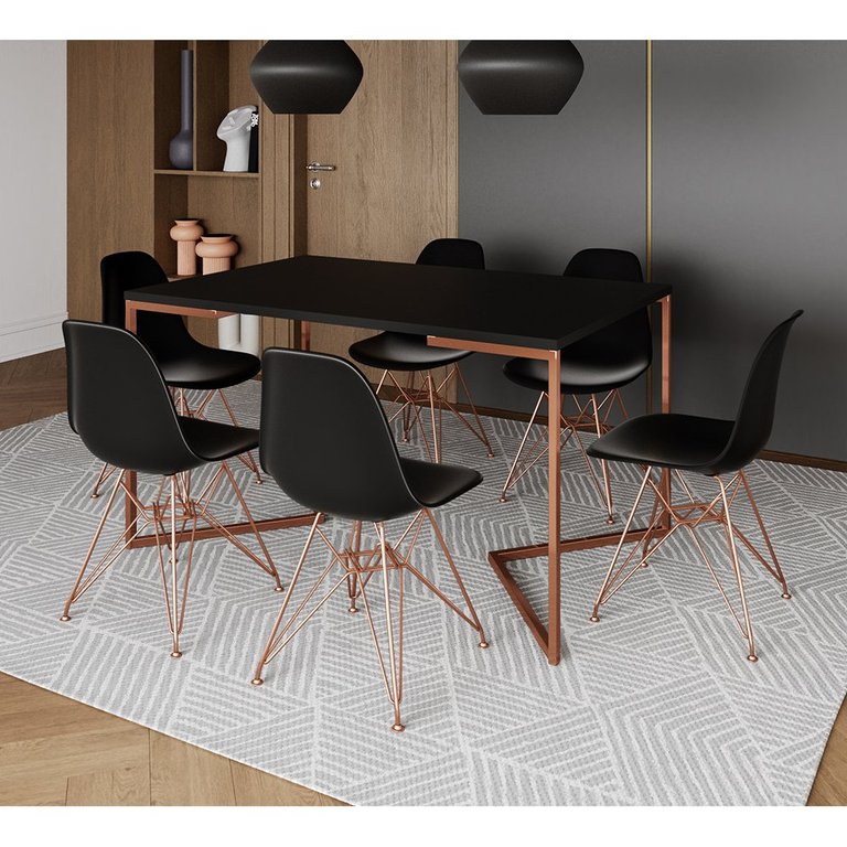 Mesa Jantar Industrial Retangular 137x90cm Preta Base V c/ 6 Cadeira Eames Eiffel Pretas Base Cobre