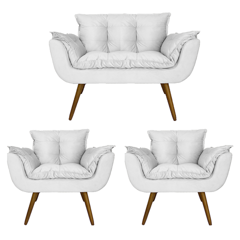 Jogo Namoradeira e 2 Poltronas Estofadas Sala de Visitas Opala Corano Branco - LM DECOR