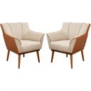 Ver imagem 1 de Kit 2 Poltrona Sala Liz Linho Bege e Corino Caramelo Base Madeira Castanho