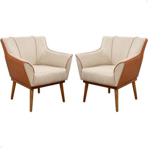 Kit 2 Poltrona Sala Liz Linho Bege e Corino Caramelo Base Madeira Castanho