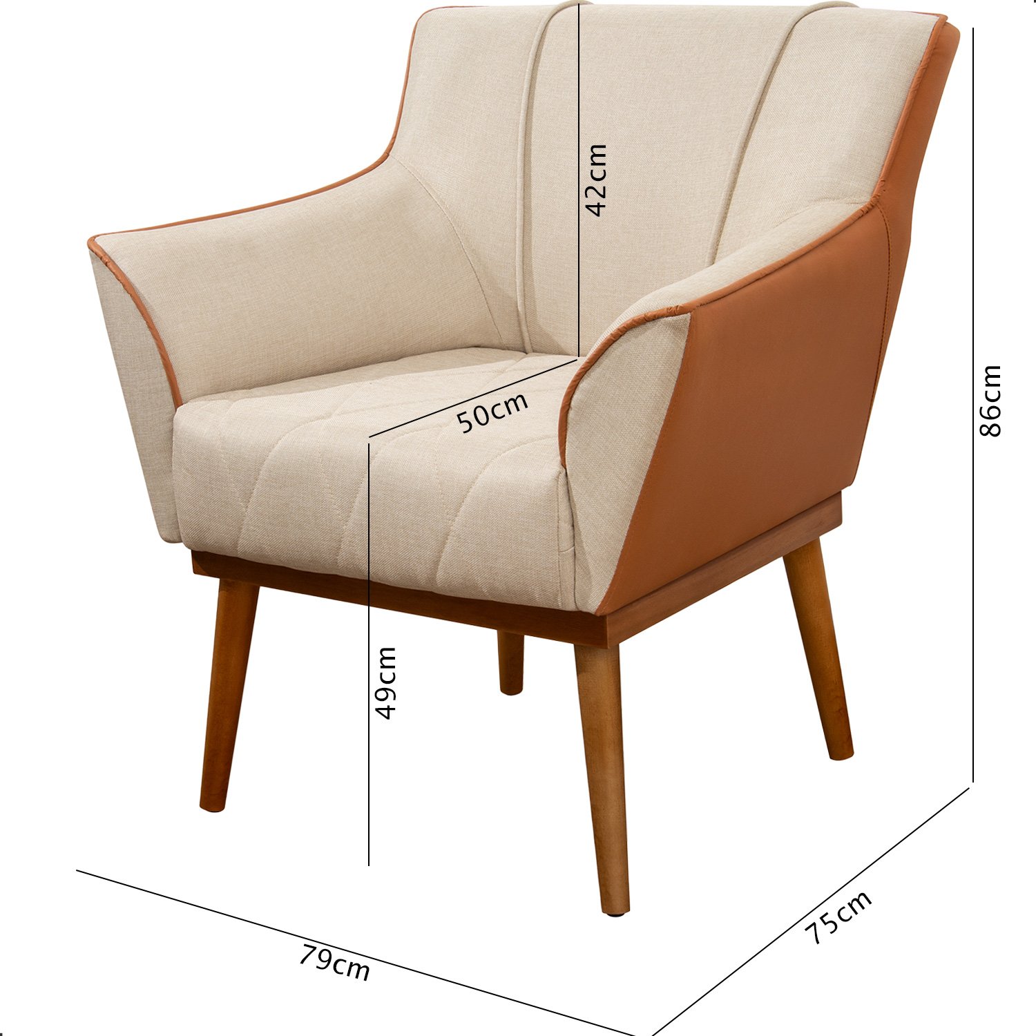 Kit 2 Poltrona Sala Liz Linho Bege e Corino Caramelo Base Madeira Castanho - 6