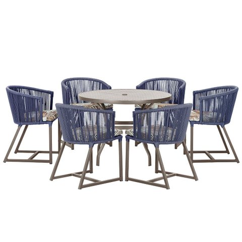 Mesa com 6 Cadeiras de Jantar Roma 120cm e Noronha em Alumínio Marrom Corda Náutica Estofado 6 Trama