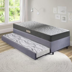 Bicama Box Solteiro Suede Cinza 88x188x28 Cm com Colchão Dual Firm Espuma e Colchão Auxiliar