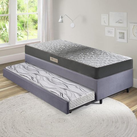 Bicama Box Solteiro Suede Cinza 88x188x28 Cm com Colchão Dual Firm Espuma e Colchão Auxiliar