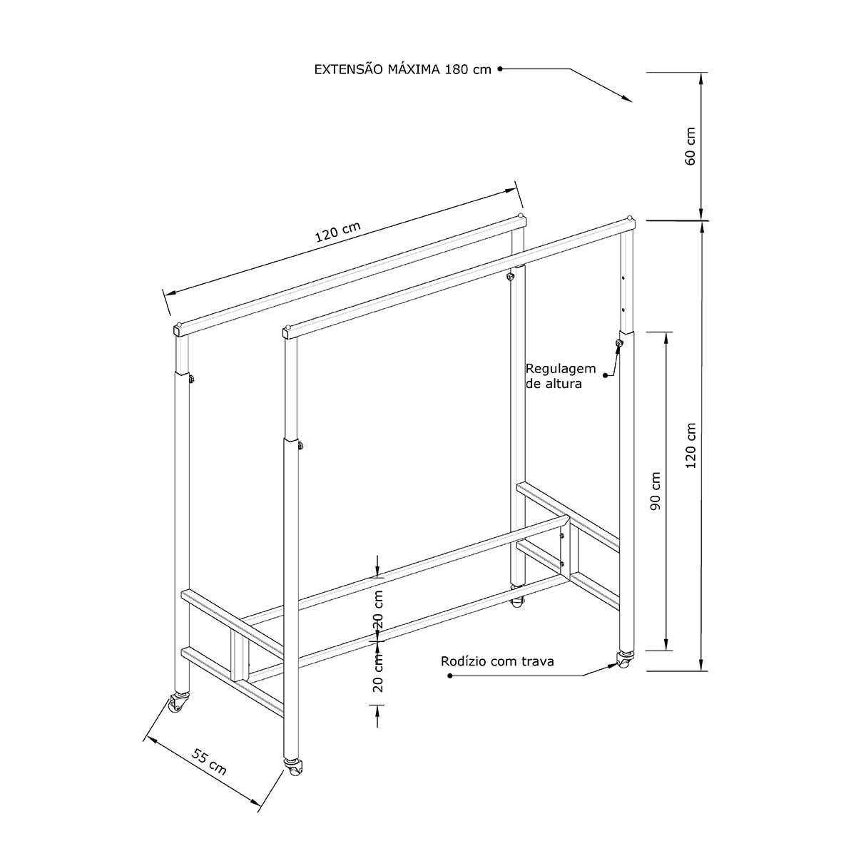 Arara de Roupas com Rodinhas em Silicone para Loja Modelo Quadrada Dupla Comac - 3