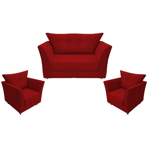 Kit Namoradeira + 2 Poltronas Decorativa Isis Suede Vermelho Pés Madeira Mz Decor