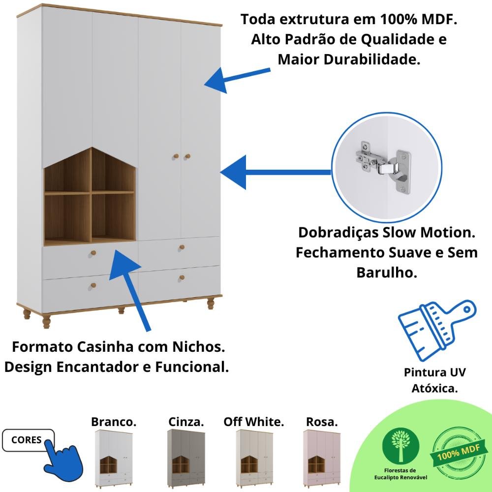 Quarto Bebê Completo Guarda Roupas 4 Portas Cômoda 1 Porta 100% Mdf - 7