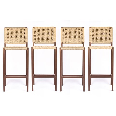 Banqueta Bistrô Balcão Gourmet Corda Nautica – Aço – Marrom e Bege – Kit 4