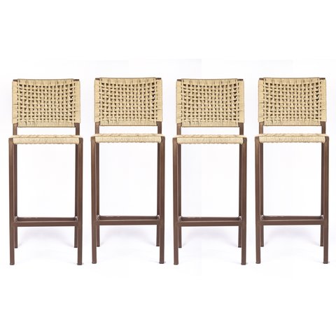 Banqueta Bistrô Balcão Gourmet Corda Nautica – Aço – Marrom e Bege – Kit 4