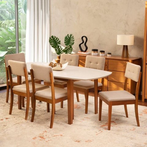 Conjunto Mesa de Jantar e 6 Cadeiras Tiê CabeCasa MadeiraOriginals Bege/Amêndoa/Off White