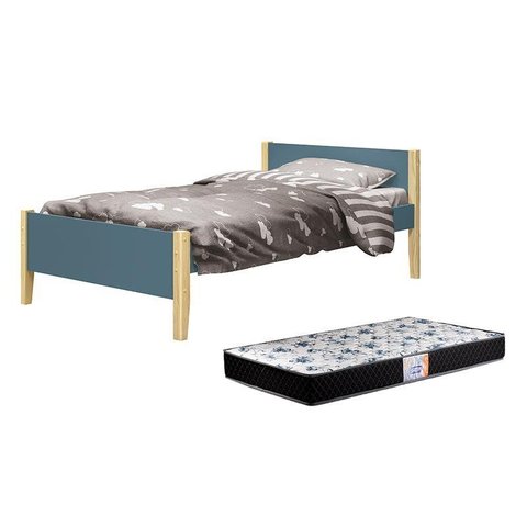 Cama Solteiro Simba Areia Fosco com Pés Madeira Natural e Colchão D33 - Reller Móveis