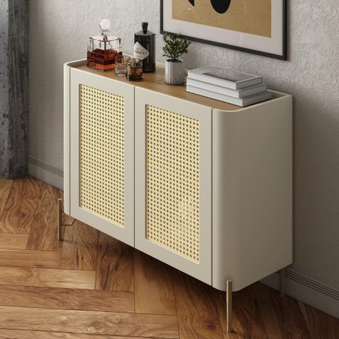 Buffet Aparador 98,5cm Porta Sextavada 100% Mdf Pés Metal Cor:louro e Luna com Dourado