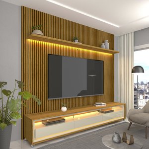 Painel e Rack com LED e Rodízio Requinte 220 Nature Impressão Ripado 3D Off White - Gelius