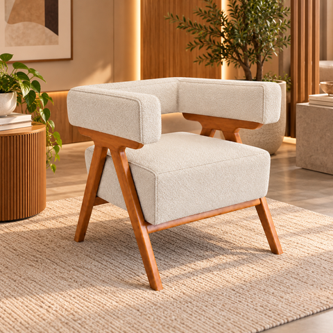 Poltrona Decorativa Mirela Bouclé Confortável Sala e Quarto: Bege