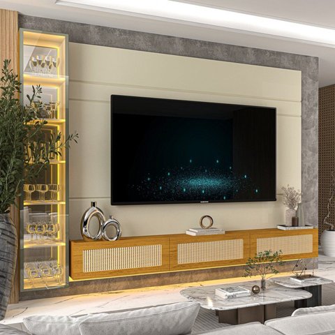 Estante Home para TV até 85 Polegadas com LED Vidro Reflecta e Portas Rattan 100% MDF 217,6CMX255,2cm Luminare Native Off White