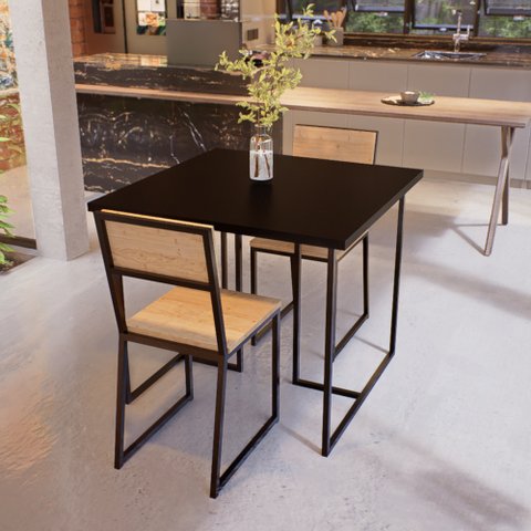 Conjunto Mesa de Jantar Quadrada Preta 2 Cadeiras Pinus Riviera Industrial Preto Don Castro Decor Ri