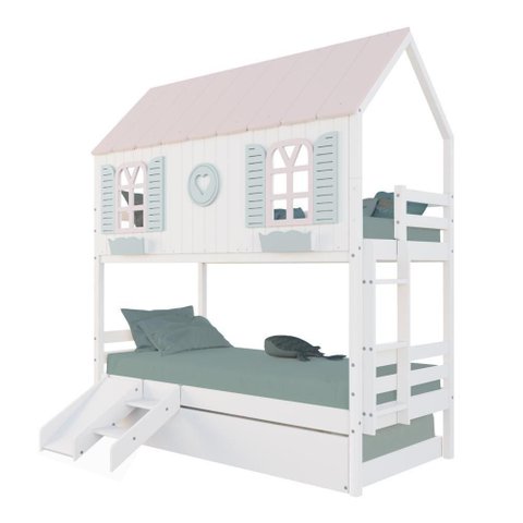 Treliche Casinha Bela com Coração Kit Escada/Escorregador - Madeira Maciça Branco/Rosa/Verde