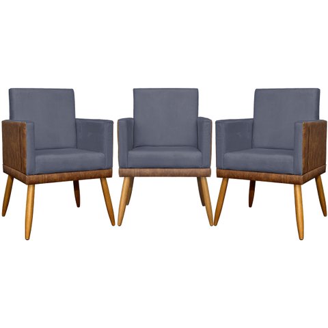Kit 3 Poltronas Decorativas Modernas para Sala Lis Corino e Suede Cores Pé Palito
