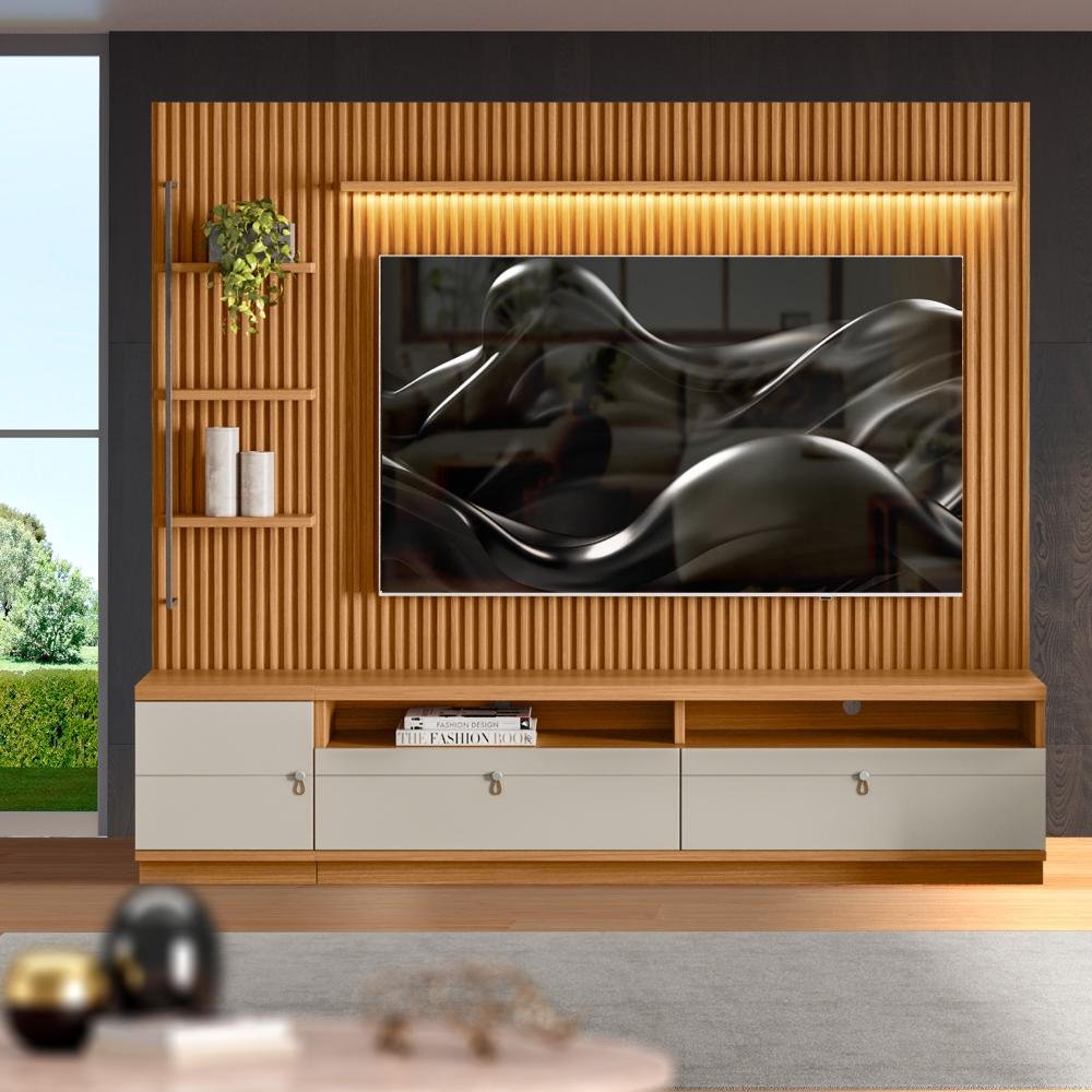 Rack com Painel para Sala Ripado Modulado 75 Polegadas Nature Off White ...