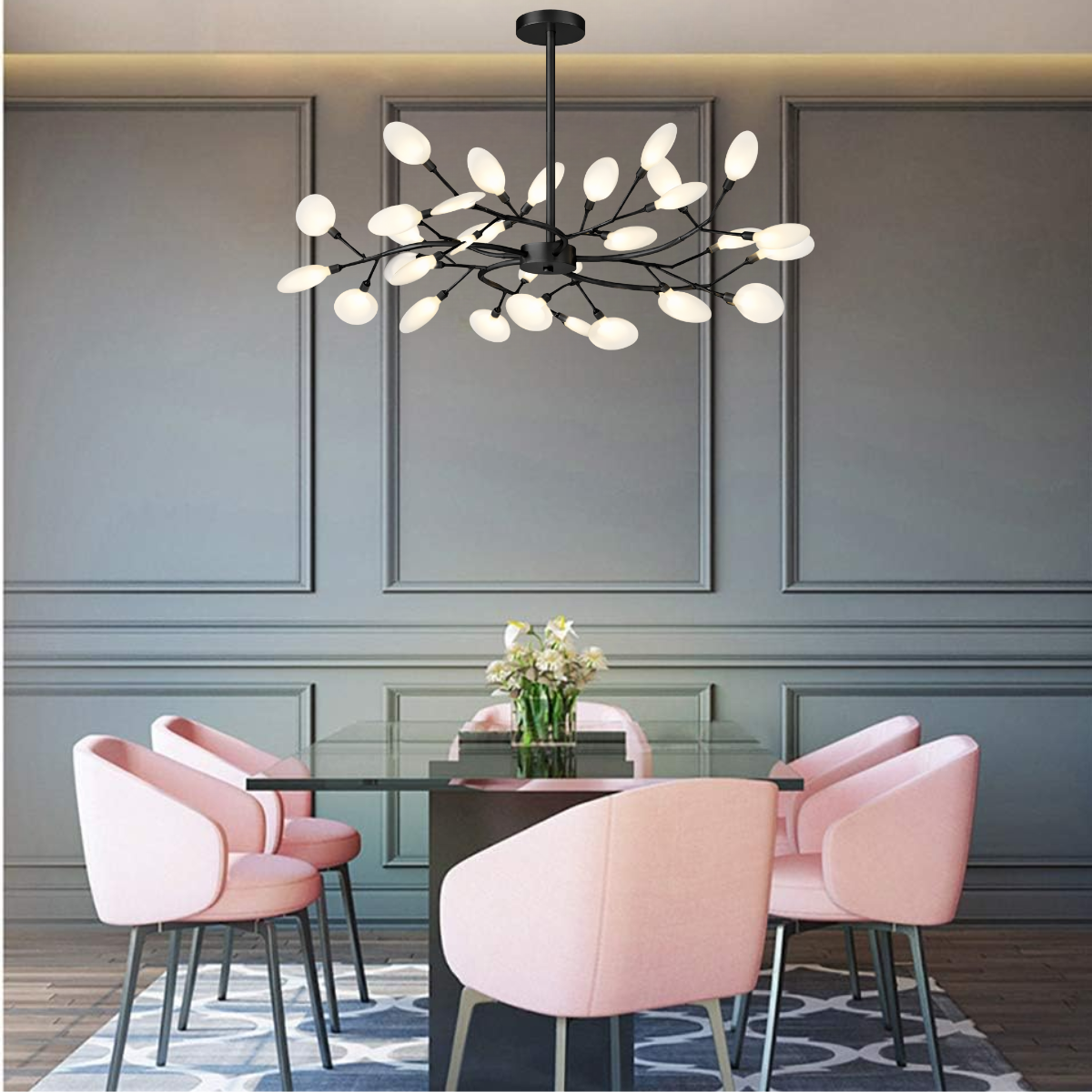 Ver imagem 5 de Lustre Teto 75cm Ramos de Árvore 30 Leds Luminária Metal Preto Pétalas Gimpo Ra30b