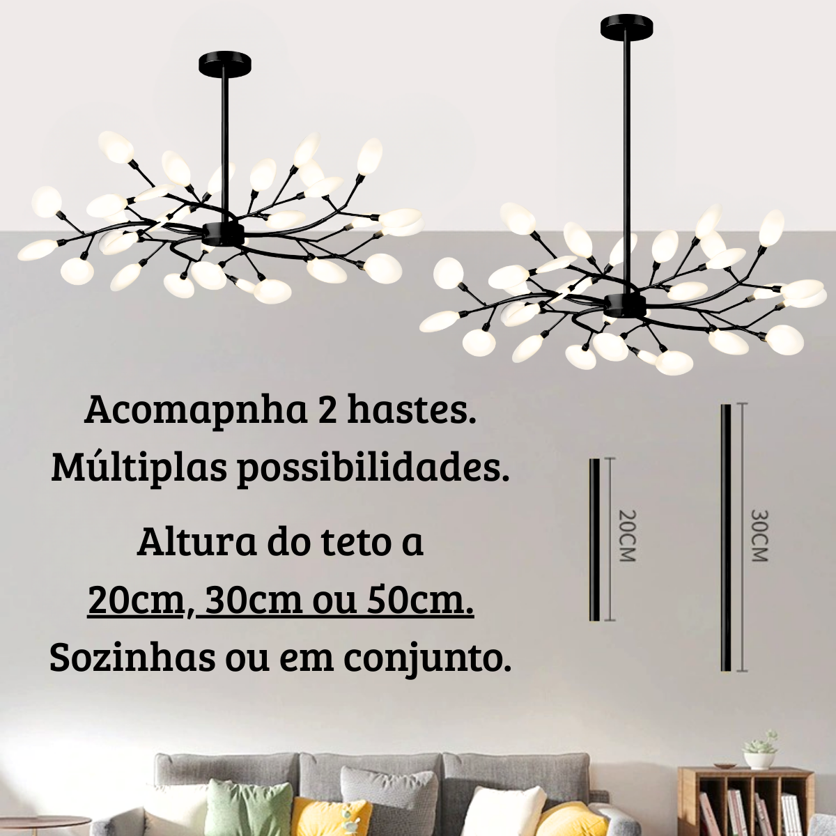 Ver mais imagens de Lustre Teto 75cm Ramos de Árvore 30 Leds Luminária Metal Preto Pétalas Gimpo Ra30b