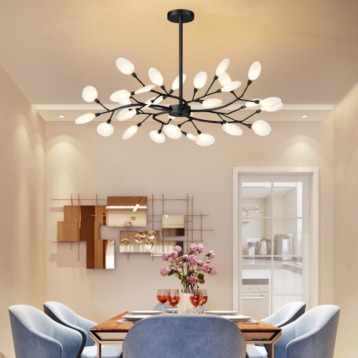 Ver imagem 2 de Lustre Teto 75cm Ramos de Árvore 30 Leds Luminária Metal Preto Pétalas Gimpo Ra30b