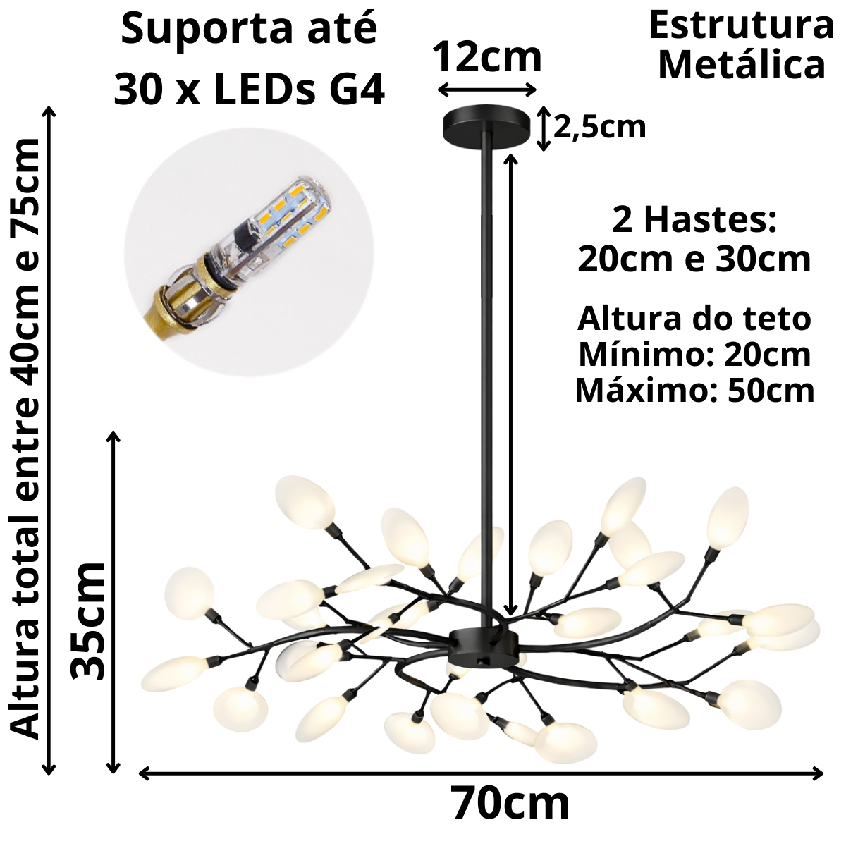 Ver imagem 6 de Lustre Teto 75cm Ramos de Árvore 30 Leds Luminária Metal Preto Pétalas Gimpo Ra30b